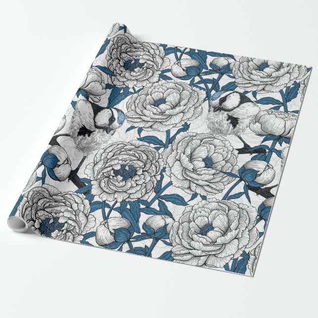 White peonies and blue tit birds wrapping paper (Unrolled)