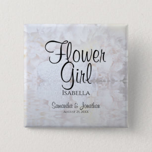 White Peonies and Hearts Flower Girl Nametag Button