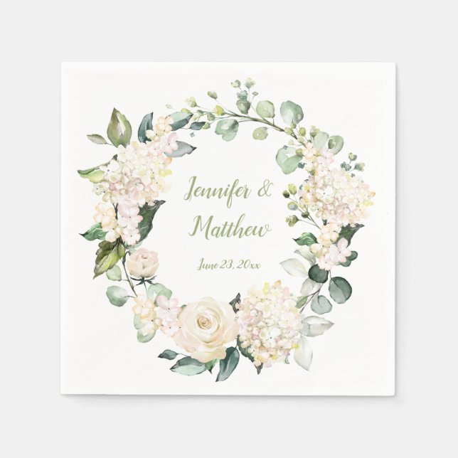 White Peonies and Roses Wreath Wedding Napkins (Front)