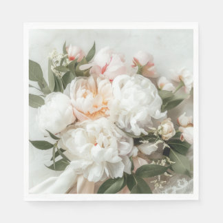 White peonies bouquet with lace napkins
