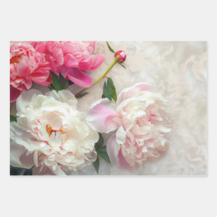White peonies bouquet with lace wrapping paper sheets