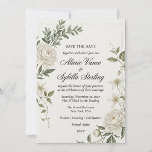 White Peonies, Clematis Flowers, Trailing Foliage, Invitation