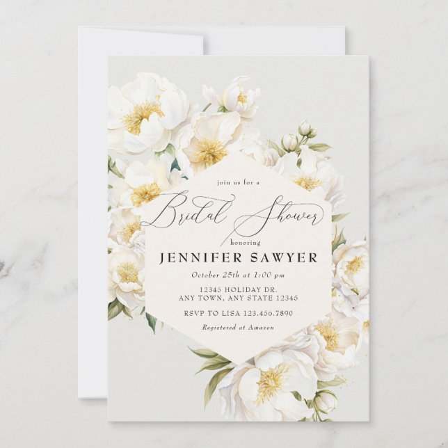 White Peonies | Elegant Floral Bridal Shower Invitation (Front)