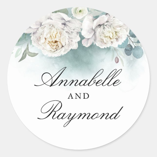 White Peonies Elegant Watercolor Greenery Bouquet Classic Round Sticker (Front)