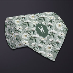 White Peonies Floral  Neck Tie