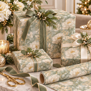 White Peonies Floral Sage Green Gold Elegant Wrapping Paper
