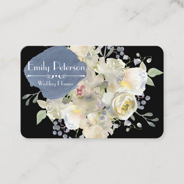 White Peonies Floral Watercolor Wedding Planner Business Card (Front)