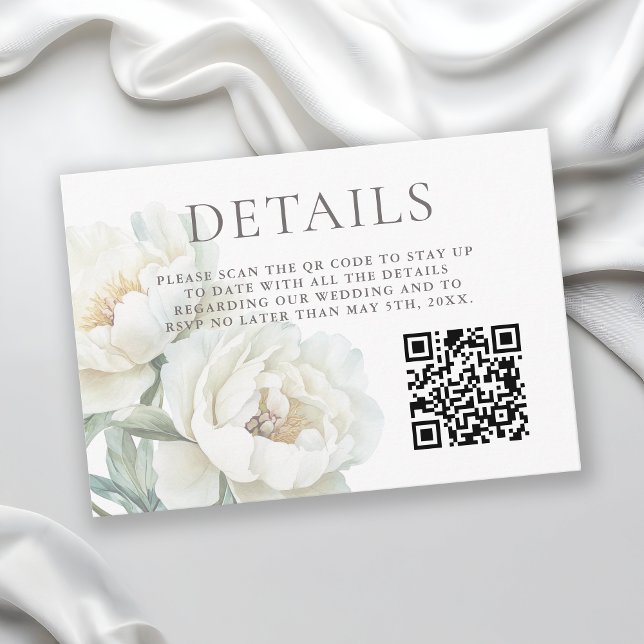 White Peonies Floral Wedding Details QR code Enclosure Card (Creator Uploaded)