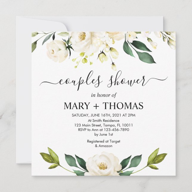 White Peonies Foliage Couples Shower Invitation (Front)