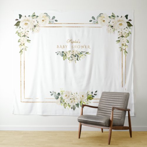 White Peonies Gold Photo Booth Baby Shower Tapestry