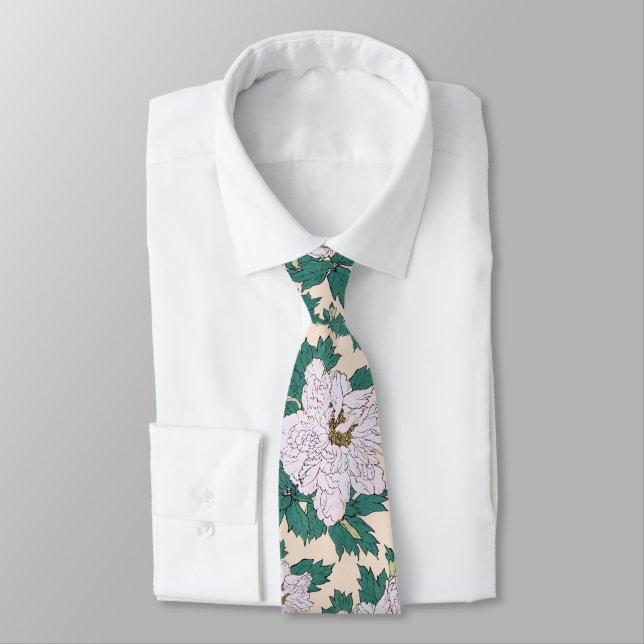 White Peonies & Green Leaves Neck Tie (Tied)