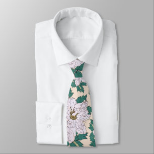 White Peonies & Green Leaves Neck Tie
