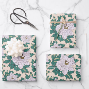 White Peonies & Green Leaves Wrapping Paper Sheets