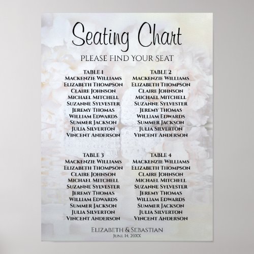 White Peonies Hearts 4 Table Wedding Seating Chart