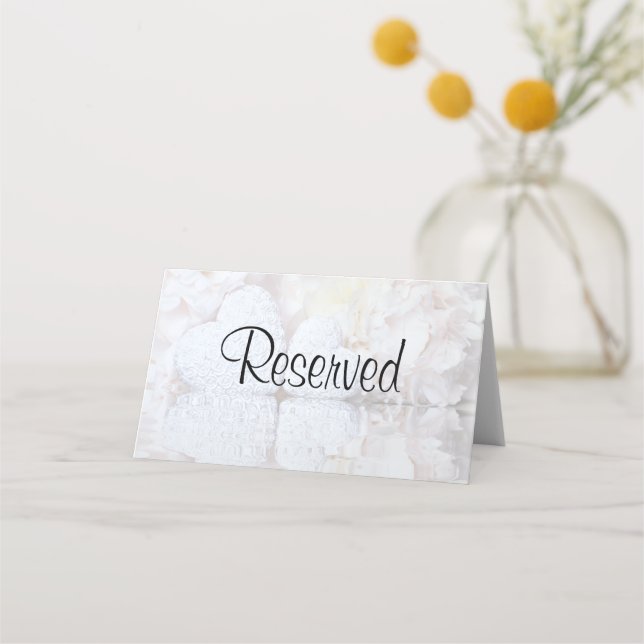 White Peonies & Hearts Elegant Wedding Reserved Place Card (Front)