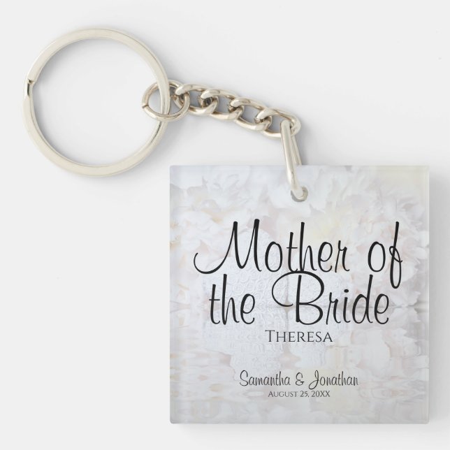 White Peonies & Hearts Mother of the Bride Wedding Keychain (Front)