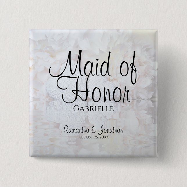 White Peonies & Hearts Wedding Maid of Honor Name Button (Front)