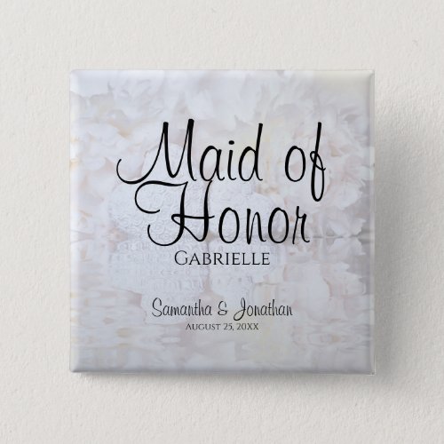 White Peonies  Hearts Wedding Maid of Honor Name Button