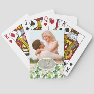 White Peonies & Leaf Watercolor - Wedding Poker Cards