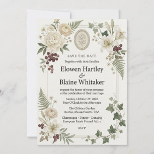 White Peonies, Lilies, Berries, Ivy, Crest Vignett Invitation