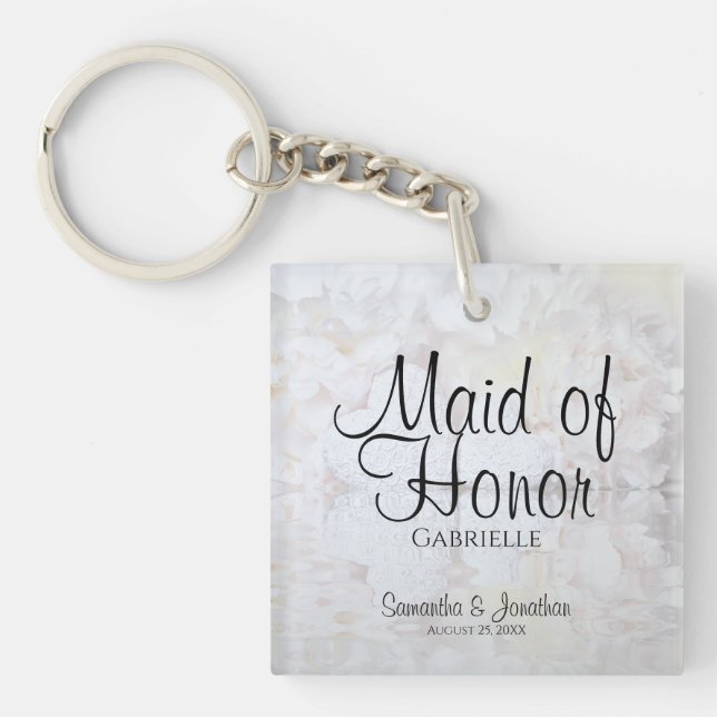 White Peonies Maid of Honor Wedding Favor Keychain (Front)