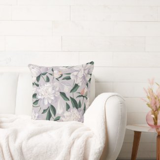 White Peonies on Dove Throw Pillow
