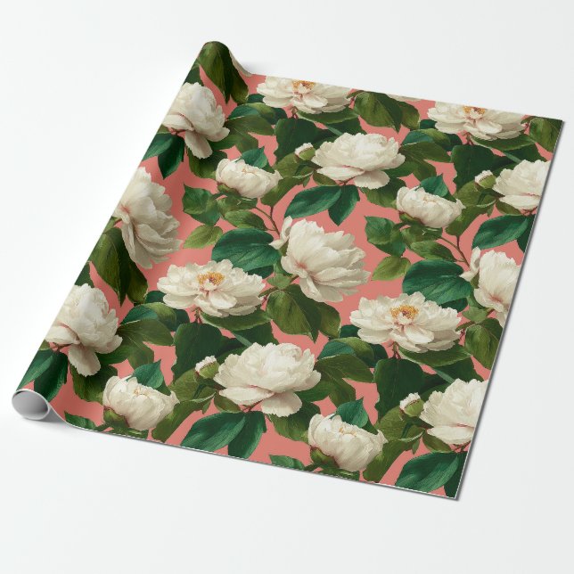 White Peonies on pechy background pattern Wrapping Paper (Unrolled)