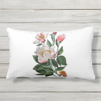 White Peonies Outdoor Fabric Lumbar Throw Pillow