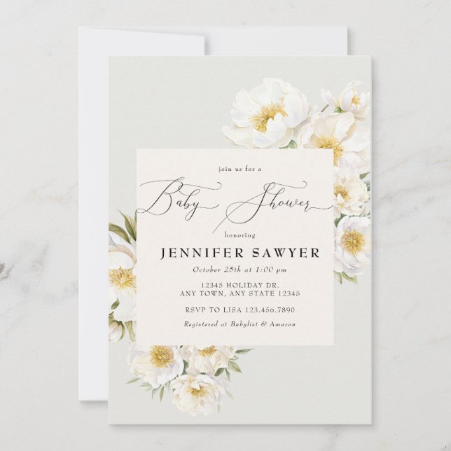 White Peonies | Photo Baby Shower Invitation (Front)