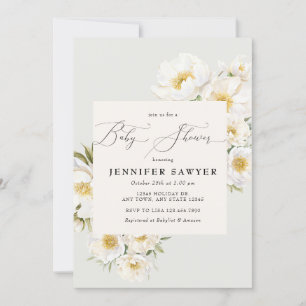 White Peonies   Photo Baby Shower Invitation