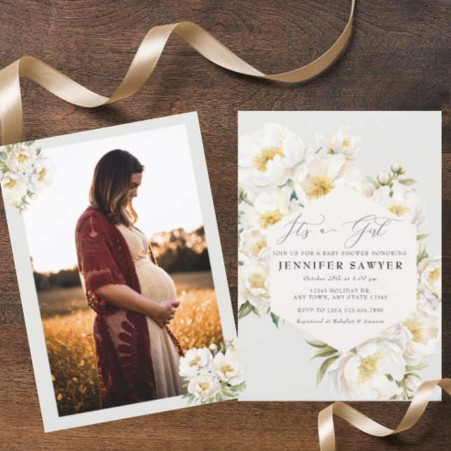 White Peonies | Photo Baby Shower Invitation (Creator Uploaded)