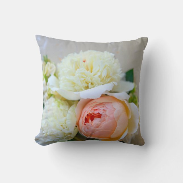 White peonies, pink rose throw pillow (Front)