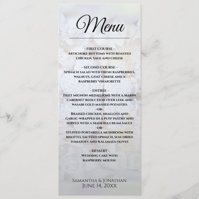 White Peonies & Reflecting Hearts Elegant Wedding  Menu (Front)