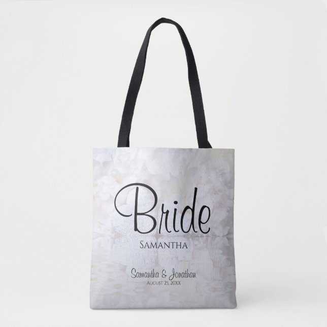 White Peonies & Reflecting Hearts Wedding Bride Tote Bag (Front)