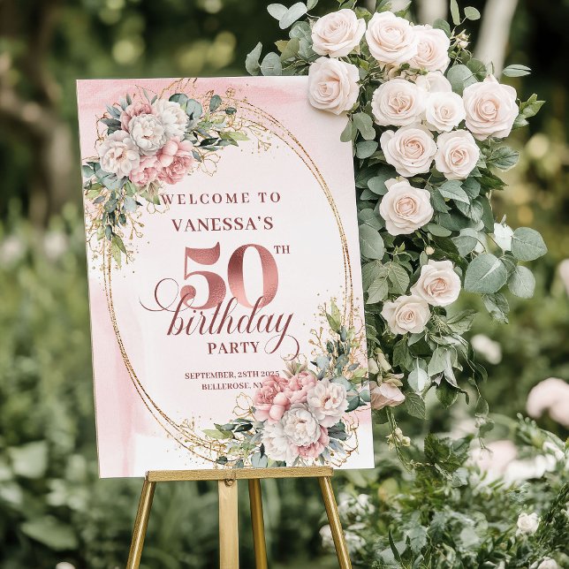 White Peonies Rose Gold 50th Birthday Welcome Sign (White Peonies Rose Gold 50th Birthday Welcome Poster)