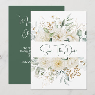 White Peonies Roses Eucalyptus Save the Date