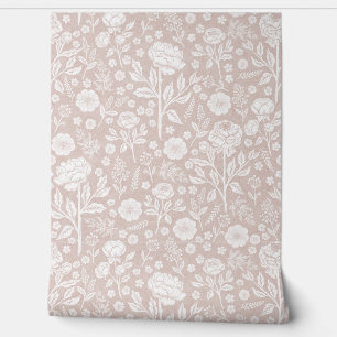 White Peonies & Roses Floral on Muted Pink Wallpaper