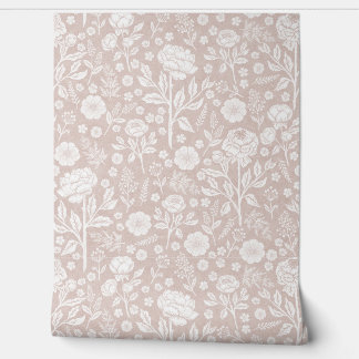 White Peonies & Roses Floral on Muted Pink Wallpaper