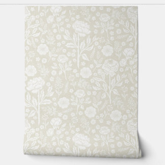 White Peonies & Roses Floral on Soft Off White Wallpaper