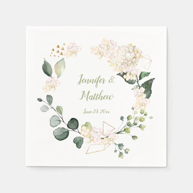 White Peonies Roses Geometric Wreath Wedding Napkins (Front)