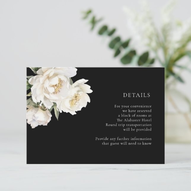 White Peonies Wedding Black Details Enclosure Card (Standing Front)
