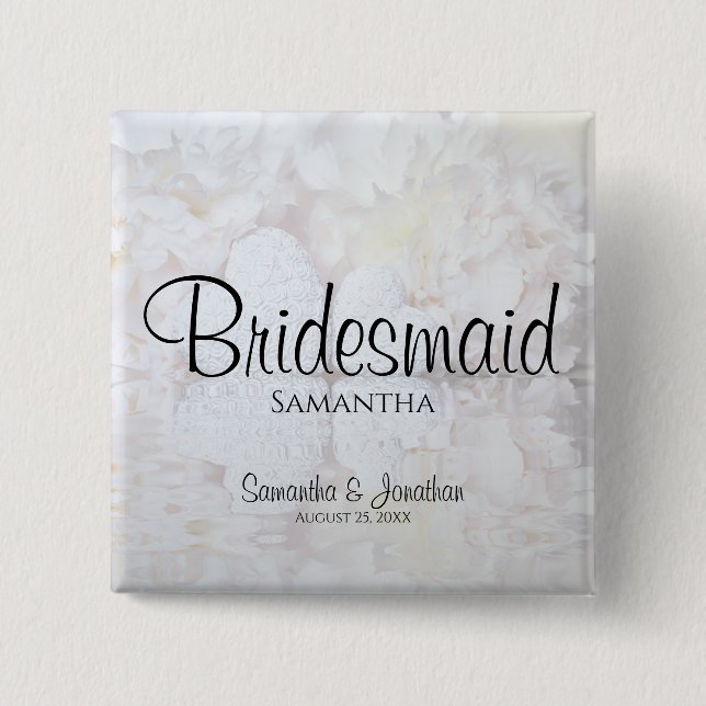 White Peonies Wedding Bridesmaid Nametag Button (Front)