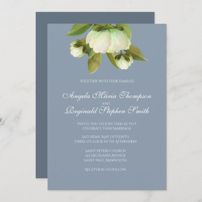 White Peonies with Dusty Blue Invitation (Front/Back)