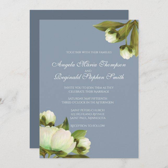 White Peonies with Dusty Blue Invitation (Front/Back)