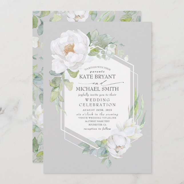 White Peony and Greenery Geometric Frame Wedding Invitation (Front/Back)