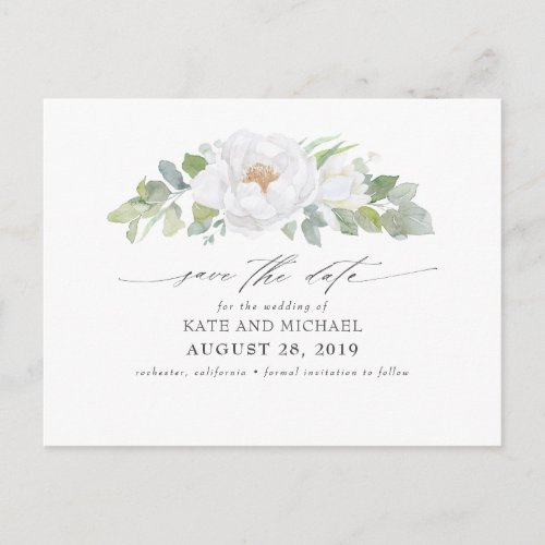 White Peony and Watercolor Greenery Save the Date Postcard