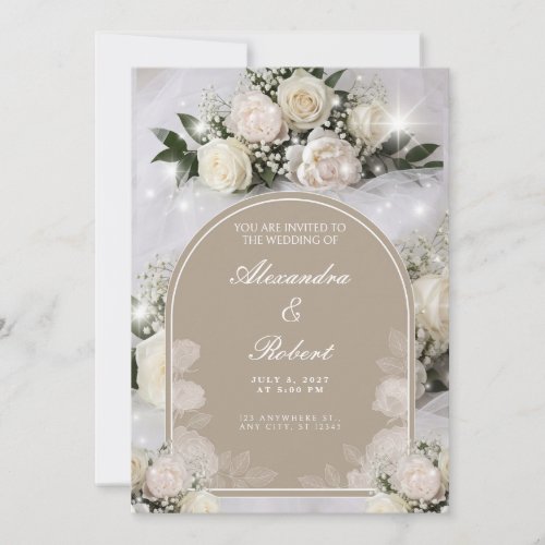 White Peony Arch Taupe Sparkle Wedding Invitation