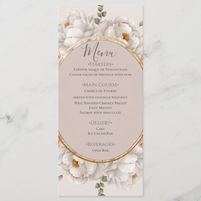 White Peony & Blush Rose Floral Wedding  Menu (Front)