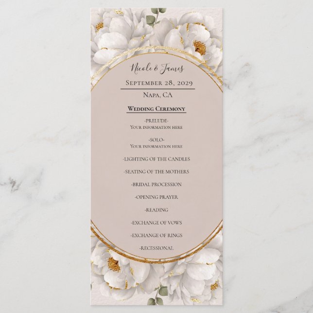 White Peony & Blush Rose Floral Wedding Program (Front)