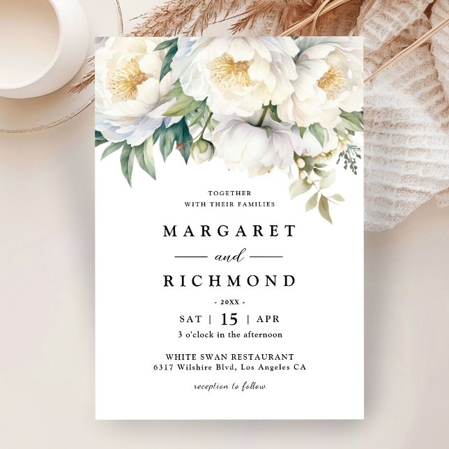White Peony Elegant Floral Watercolor Wedding Invitation (Creator Uploaded)